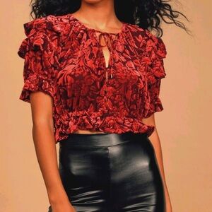 Free People Velveteen Dream Floral Velvet Velour Red Size S Ruffle Crop Peasant